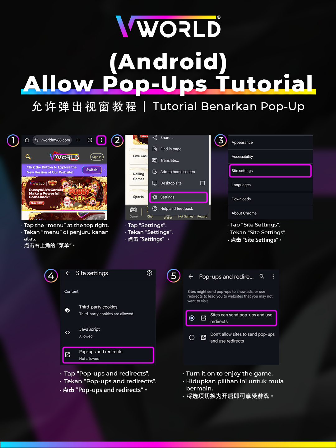 How to allow pop-ups on Android Chrome for VWORLD