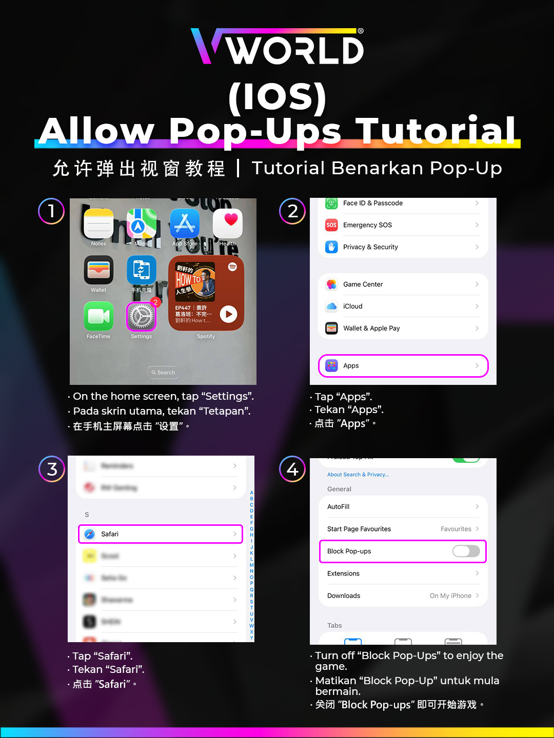 How to allow pop-ups on iPhone Safari for VWORLD