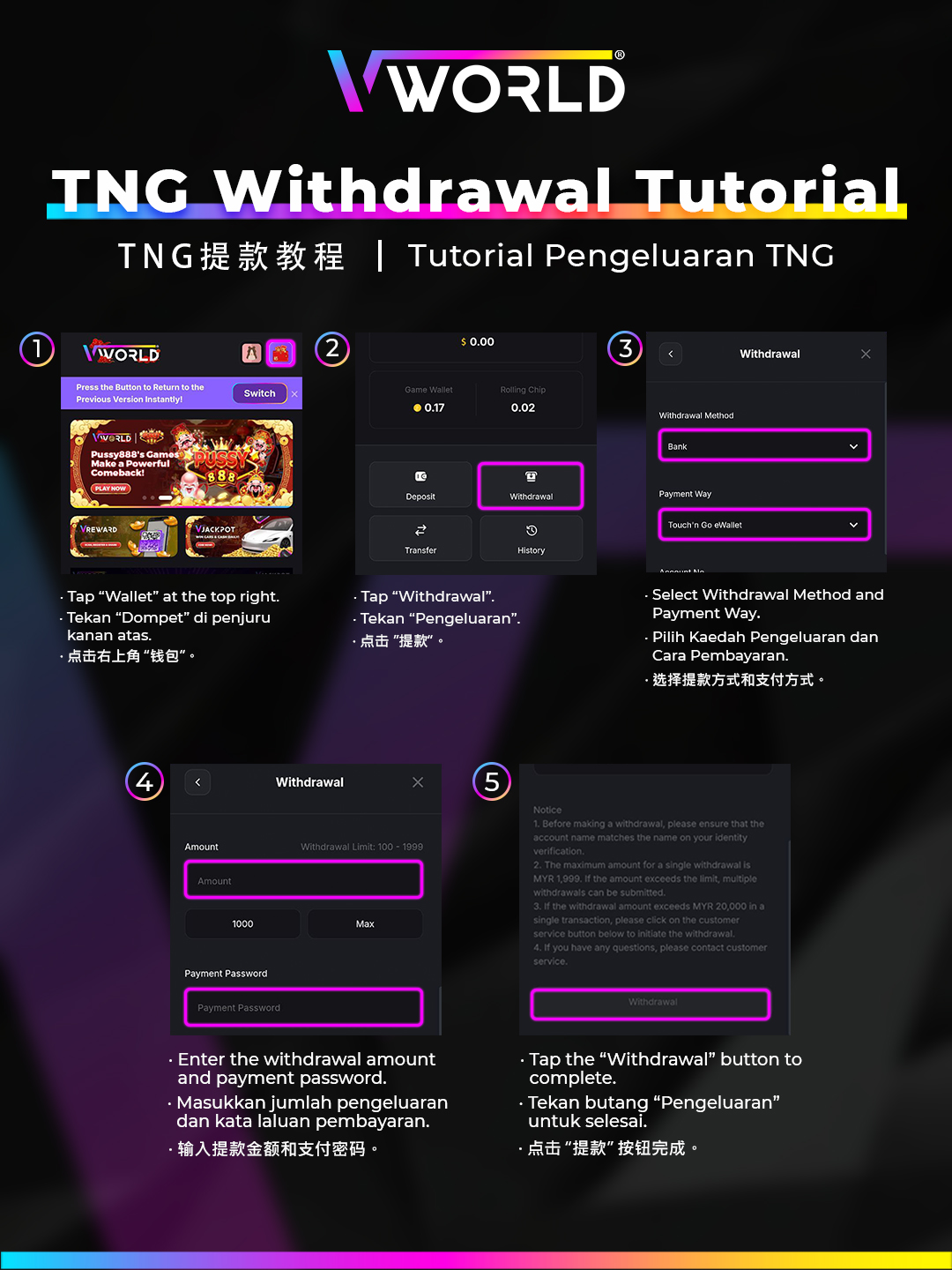 VWorld TNG Touch n Go Withdrawal Tutorial